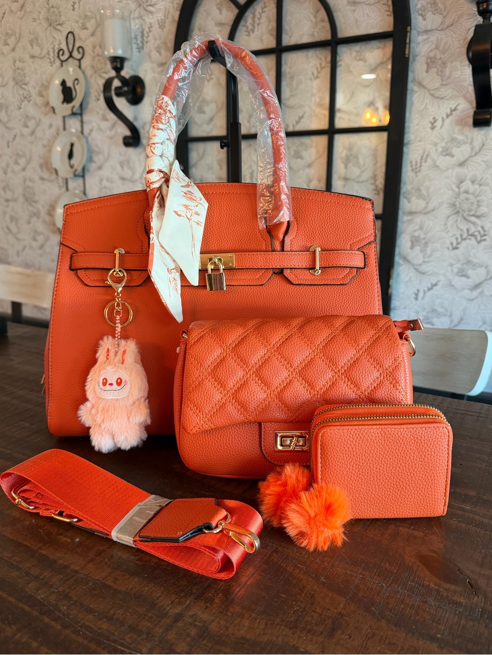 Women’s Orange Faux-Leather Handbag Set with Quilted Crossbody and Accessories